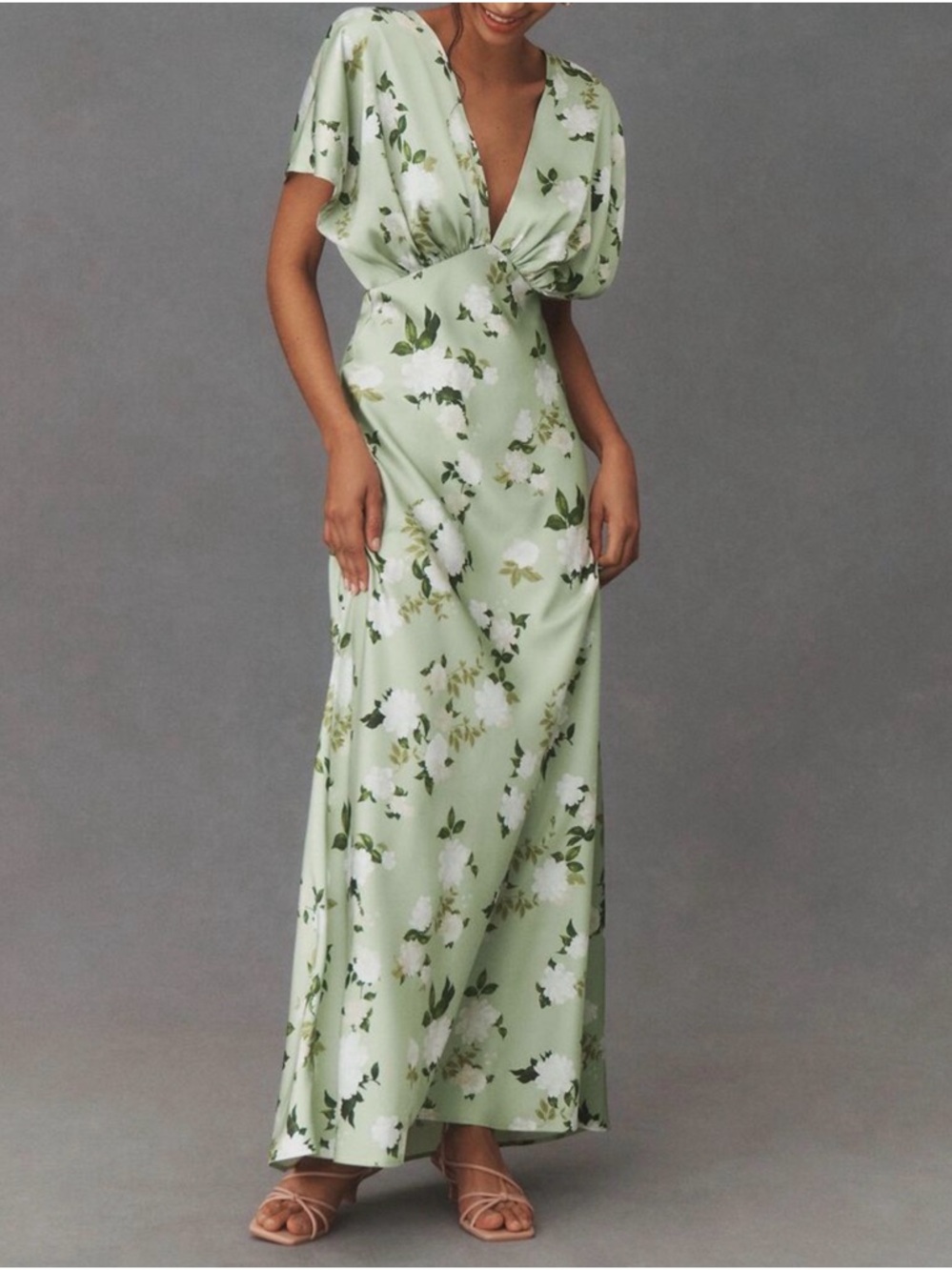 BHLDN Amelia Deep-V Flutter-Sleeve Satin A-Line Gown